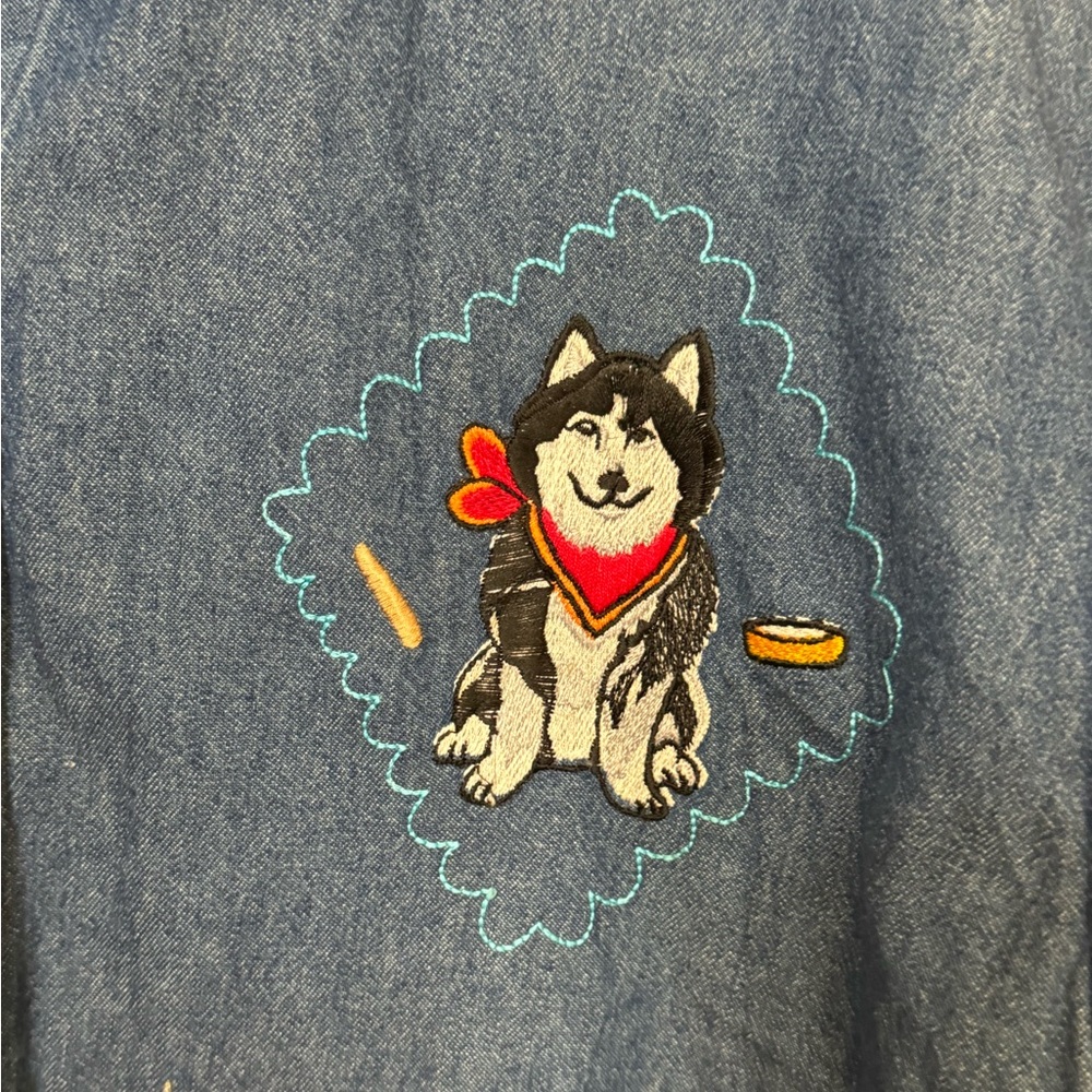 Vintage Mary Jane Rayon Blend Denim Jean Button Down Funky DOGS Shirt Women’s M - Picture 4 of 7